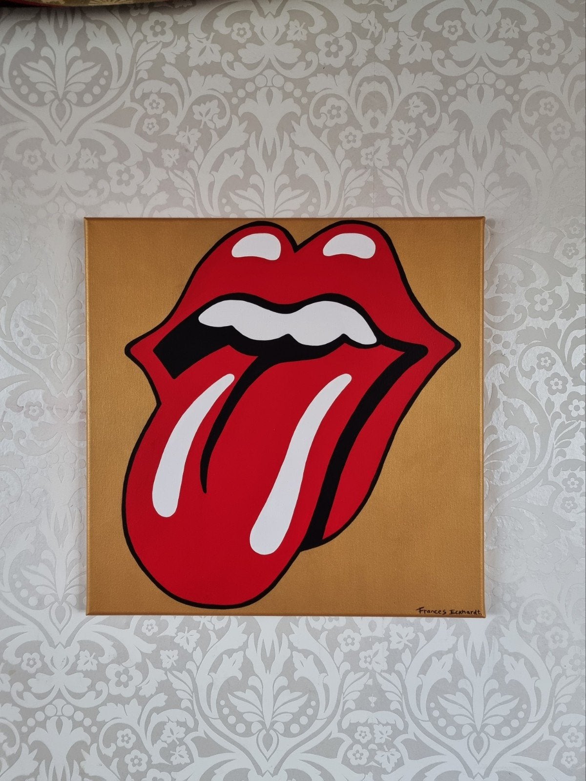 Rolling stones schilderij 50x50 cm goud handgeschilderd, Antiek en Kunst, Ophalen of Verzenden