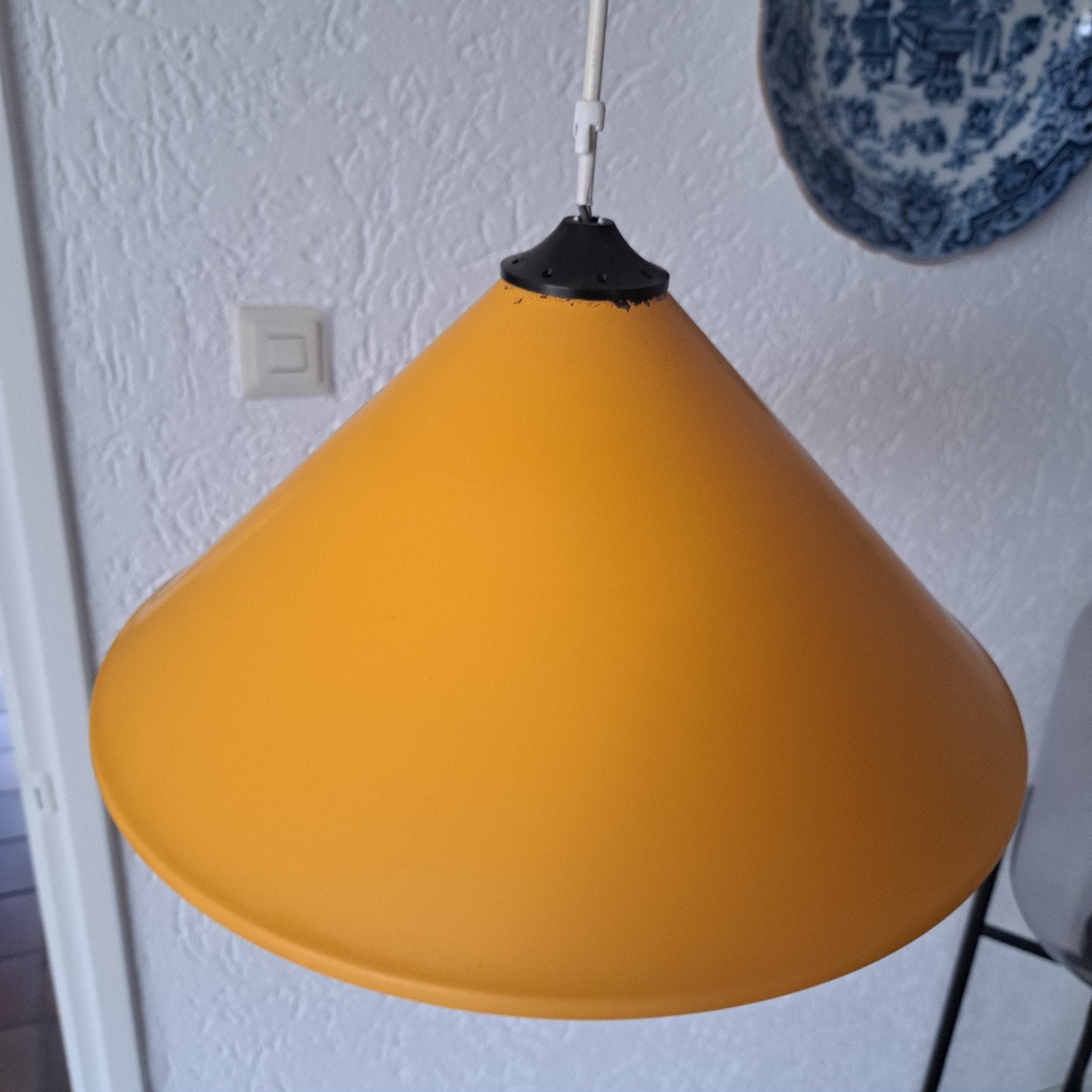 Vintage Industriële Mat Gele Emaille Lampenkap - Ø 34,5 cm, Ophalen of Verzenden