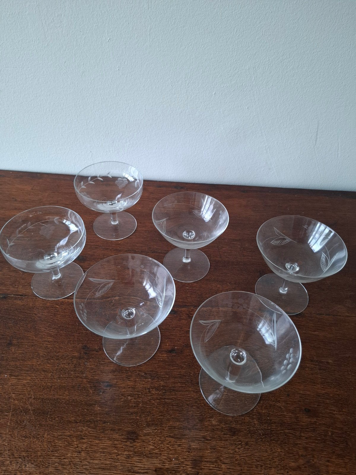 Set van 6 Vintage kristallen coupe glazen met motief, Ophalen of Verzenden