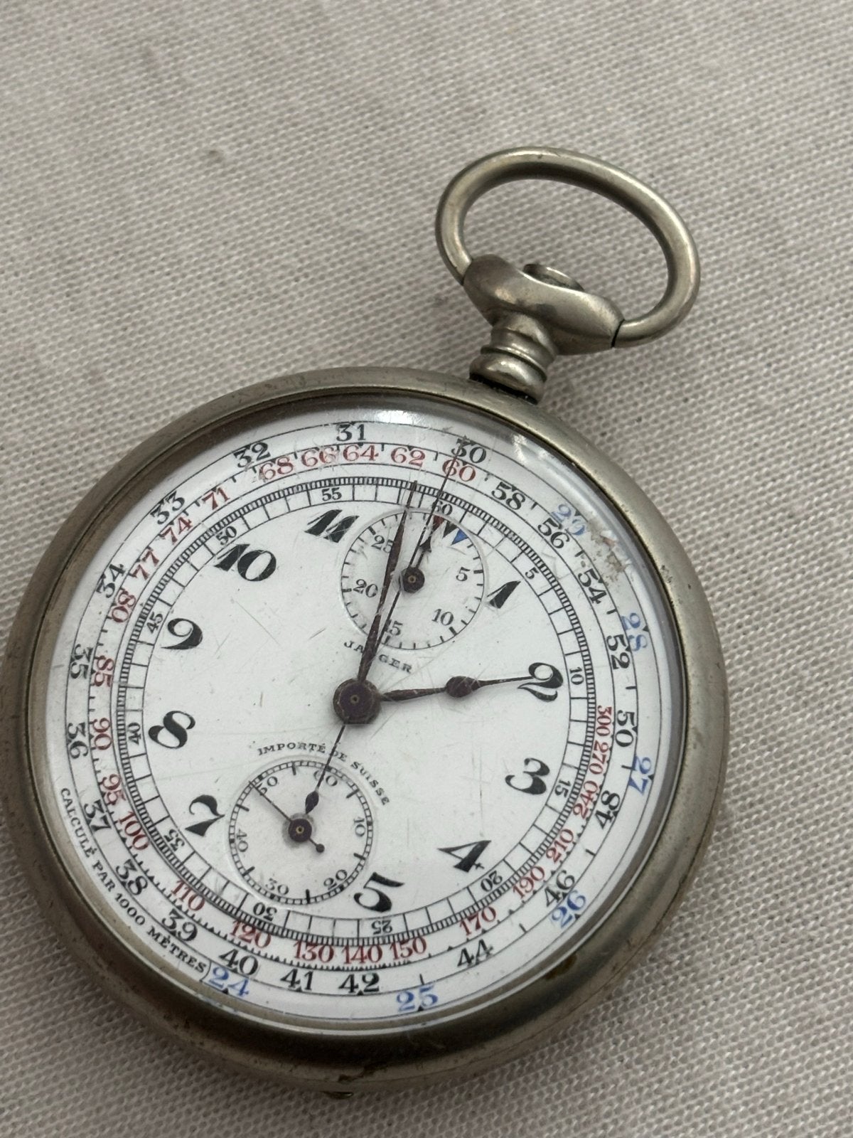 Antiek Jaeger Zakhorloge Chronograaf - Zilverkleurig, Overige merken, Overige materialen, Zakhorloge, Ophalen of Verzenden