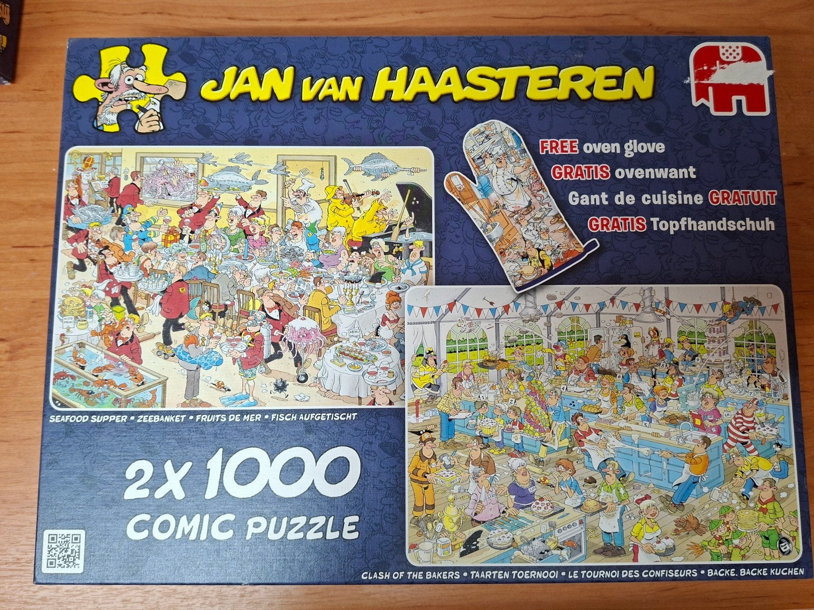 Jan van Haasteren 2x1000 Comic Puzzel + Ovenwant, Ophalen, 500 t/m 1500 stukjes, Zo goed als nieuw, Legpuzzel