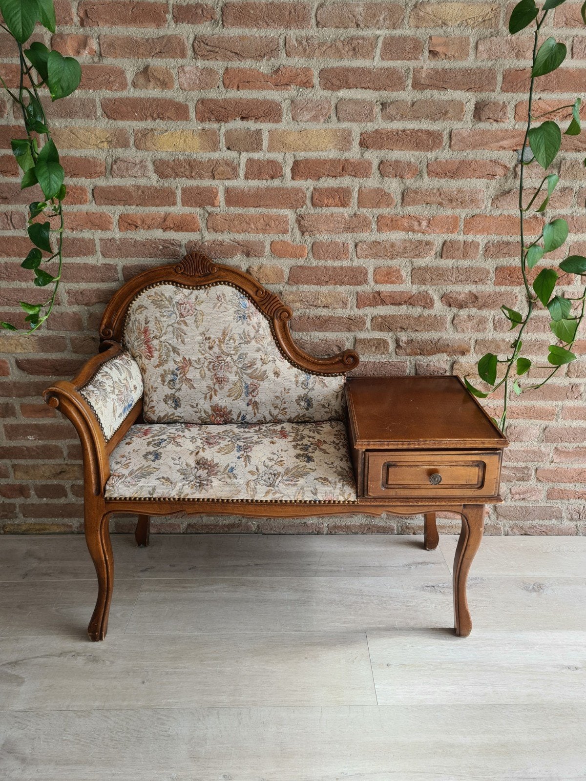 Antieke Telefoonbankje met Lade - Bloemenmotief, Ophalen of Verzenden