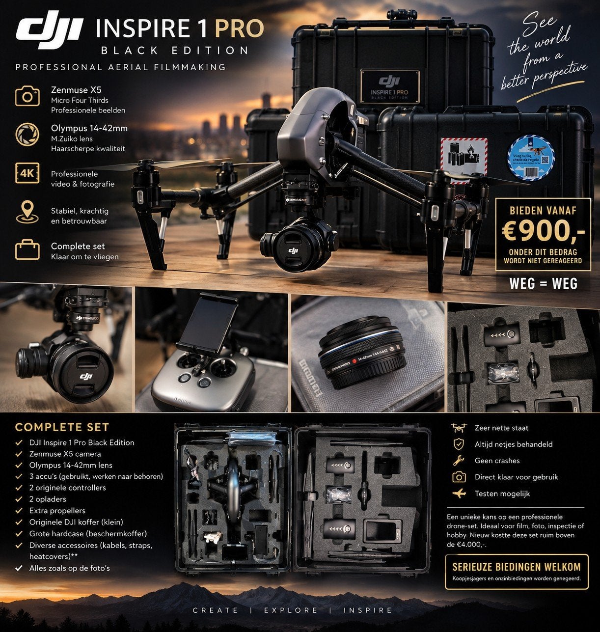 DJI Inspire 1 Pro Black Edition met Zenmuse X5 camera, Ophalen, 5 tot 10 kilometer, Return to Home, 15 tot 30 minuten
