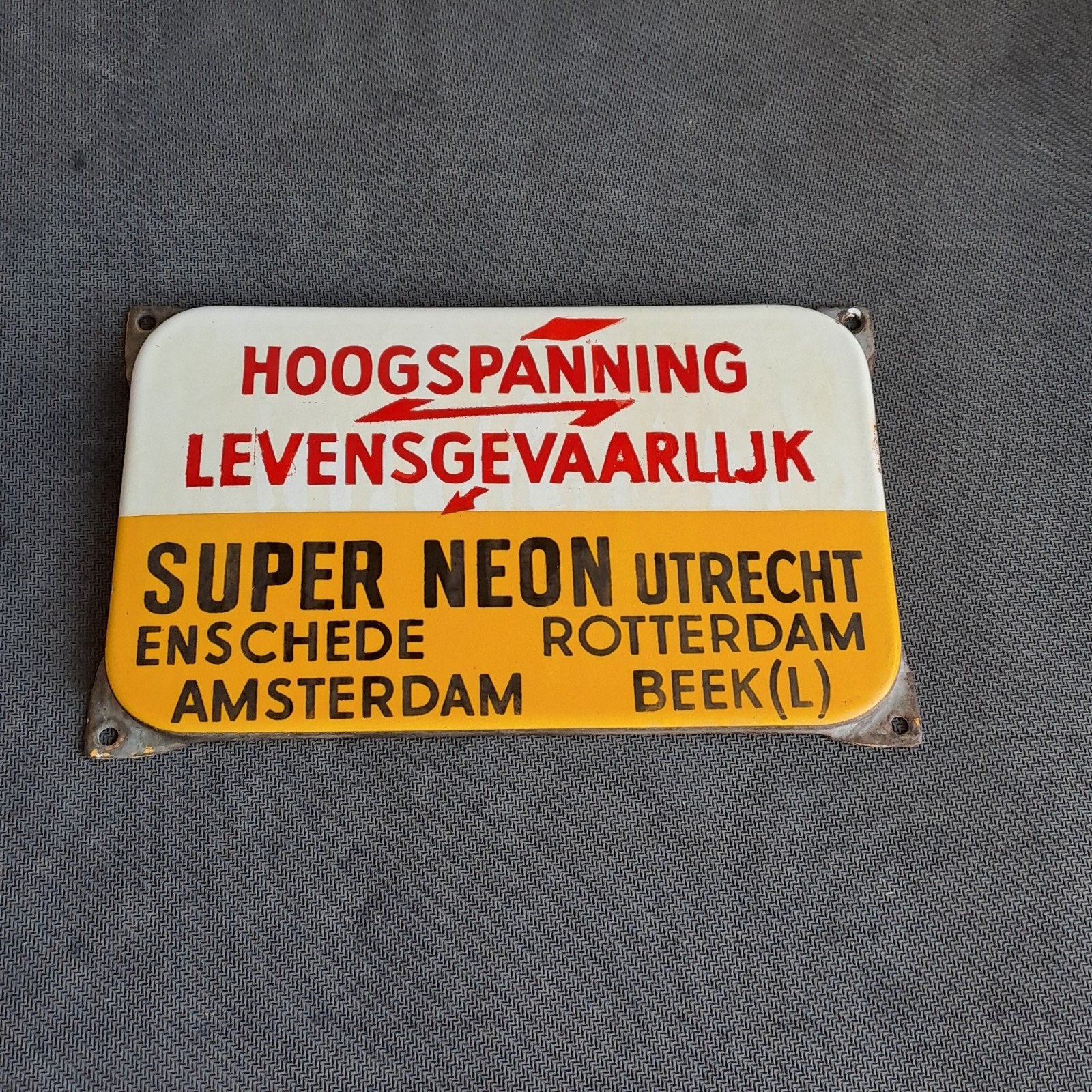 antiek emaille bord super neon, Ophalen of Verzenden