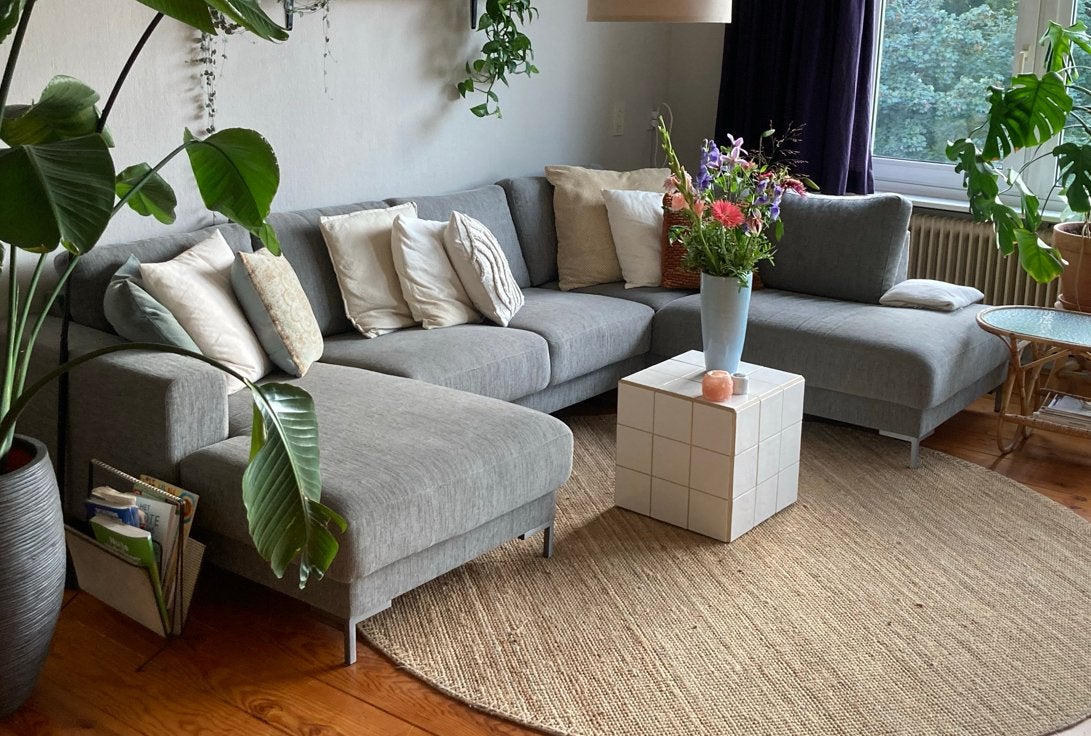 Grijze (lounge) hoekbank met chaise longue, Ophalen, Gebruikt, Hoekbank, 300 cm of meer