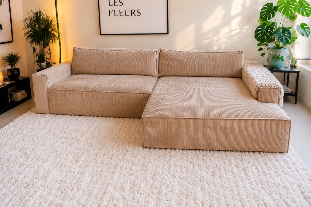 Grote beige corduroy hoekbank met loungegedeelte – 346 cm, Huis en Inrichting, Gebruikt, 100 tot 125 cm, Hoekbank, 300 cm of meer