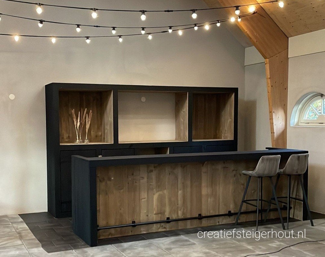 Combi bar met kast zwarte buis mancave steigerhout koelkast, Huis en Inrichting, Barren, Verzenden, Nieuw