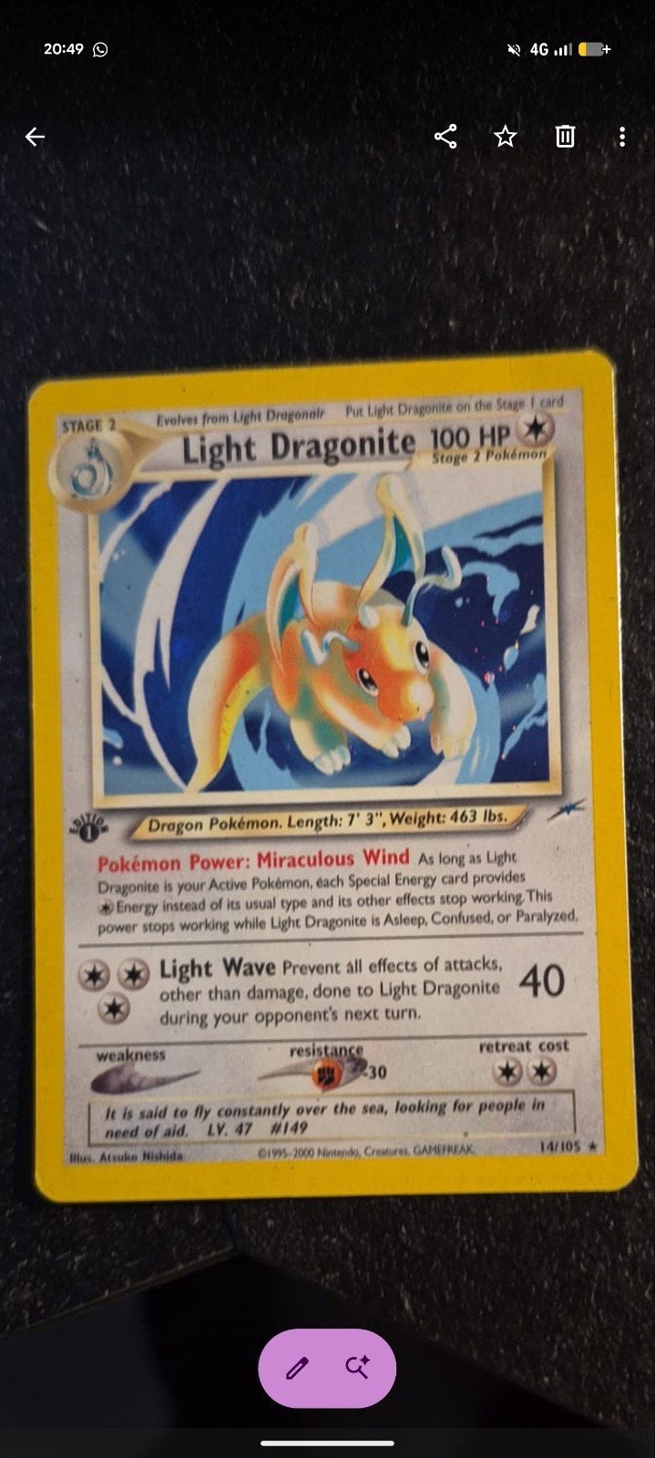 Pokémon Light Dragonite first edition! - Neo Destiny 14/105, Ophalen of Verzenden, Gebruikt, Losse kaart