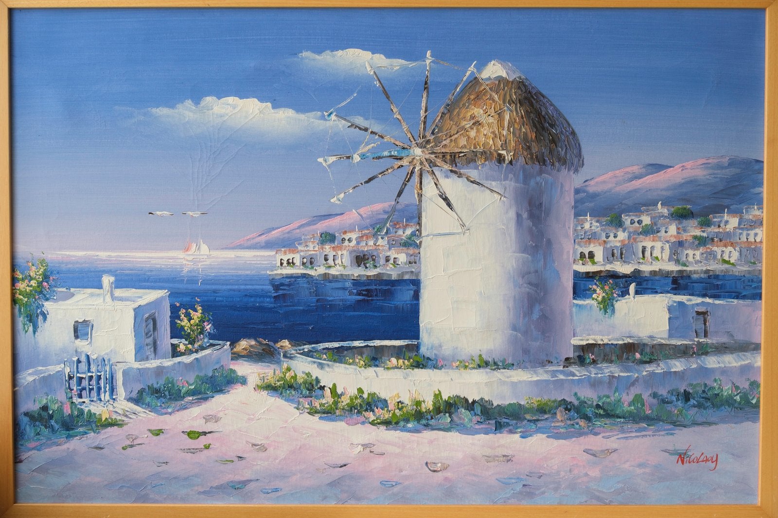 Oil Painting “Greek Windmill by the Sea"  Signed by Nicolaoy, Ophalen of Verzenden, Overige materialen, Olieverf, Landschap