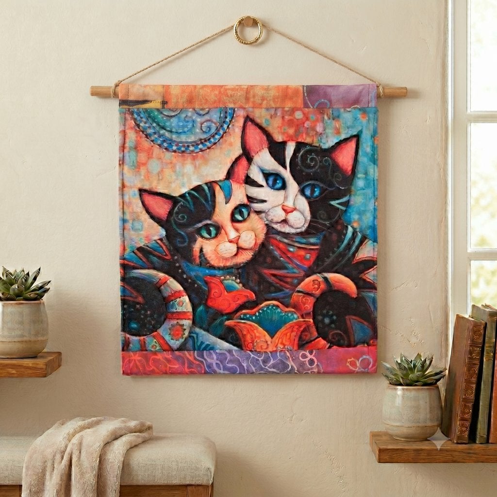Duurzaam recycled kat poes wandkleed 48 x 45 cm Klimt stijl, -, Handgemaakt, Meerkleurig, Nieuw