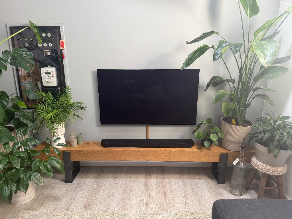 Tv-meubel Robuust licht eiken balk met metalen onderstel, Ophalen, 25 tot 50 cm, Minder dan 100 cm