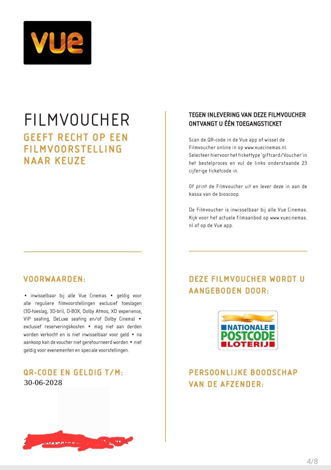 vue filmvouchers 4 stuks, Tickets en Kaartjes, Drie personen of meer, Vrijkaartje alle films