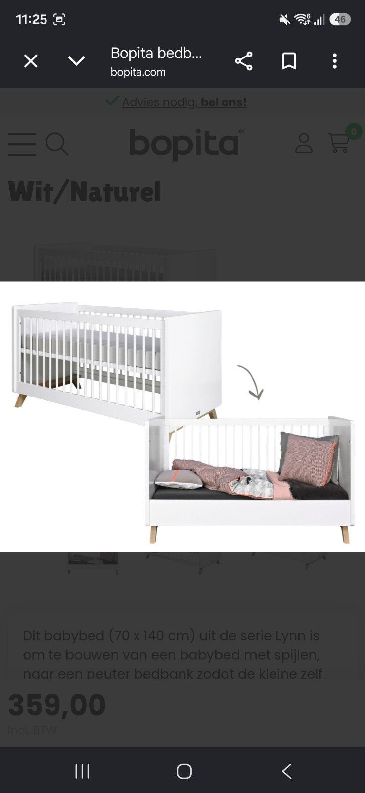 Bopita Lynn Babybed/Peuterbedbank 70x140 cm (zonder matras), Ophalen, Gebruikt, Ledikant