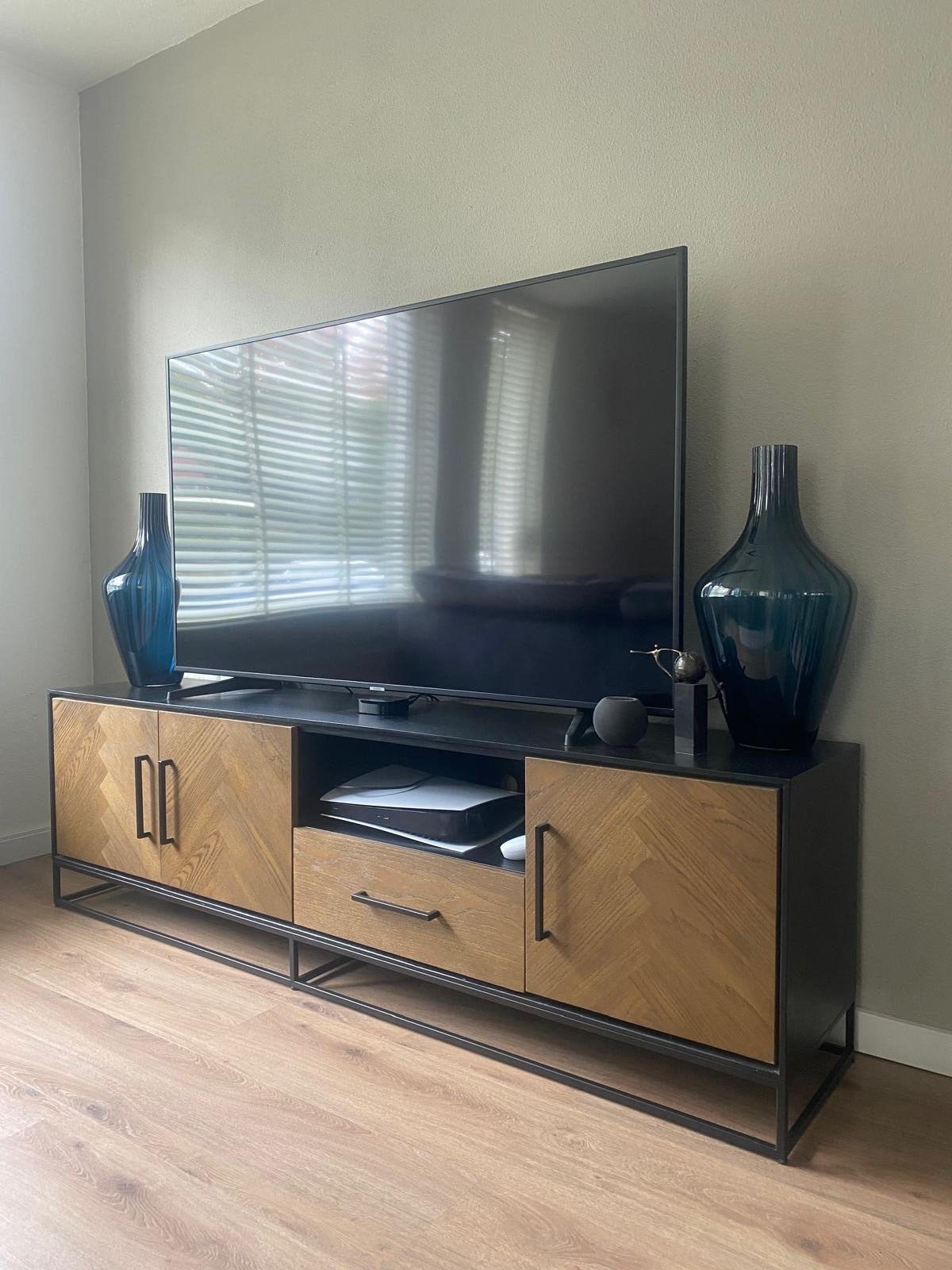 Stijlvol TV-meubel met visgraatmotief en metalen frame, Ophalen, 150 tot 200 cm, Zo goed als nieuw, Minder dan 100 cm