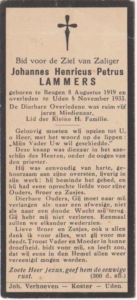 Johannes H.P. Lammers 1919 Beugen + 1933 Uden, 14 jaar oud, Verzenden