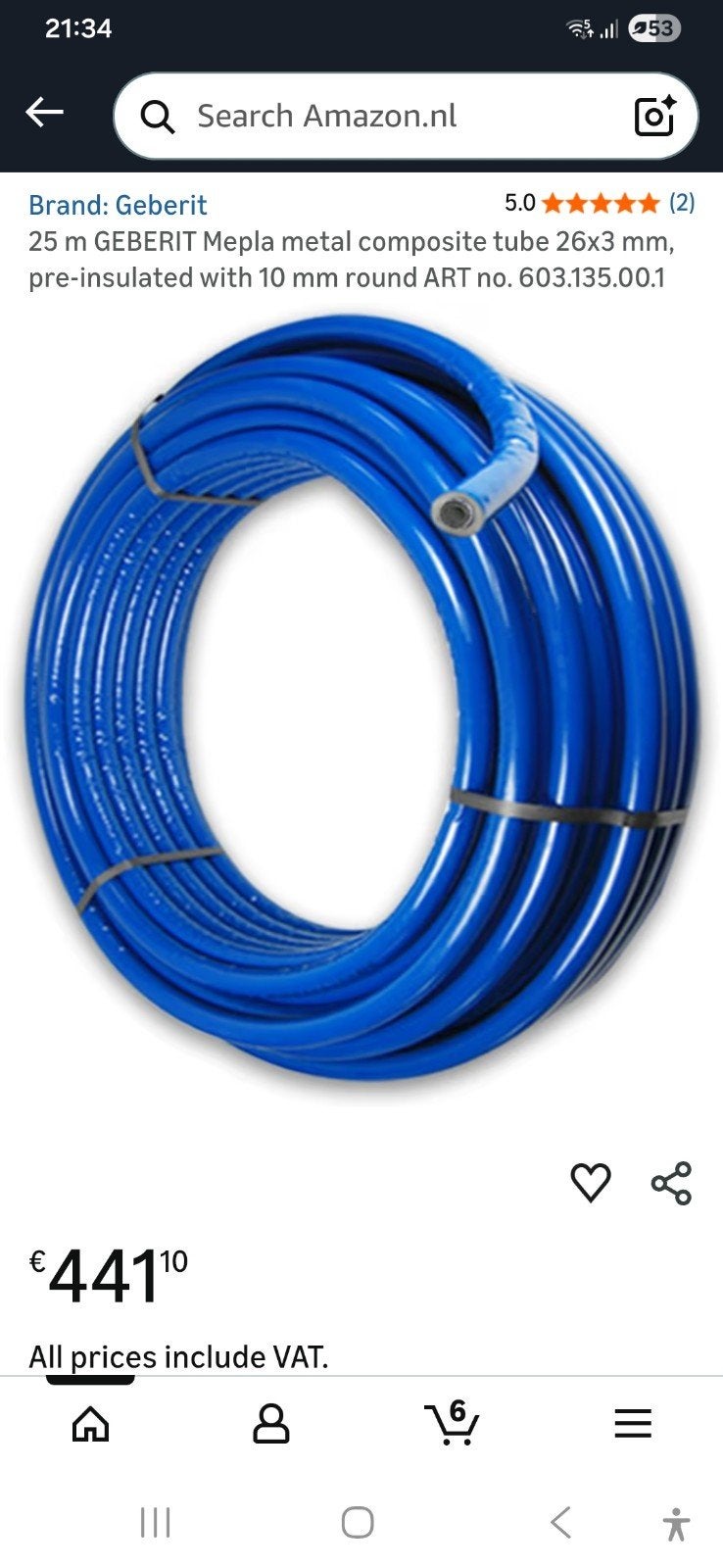 Geberit Mepla Meerlagenbuis 26x3mm, 25m, voorgeïsoleerd, Overige materialen, 6 meter of meer, Nieuw, Rechte buis
