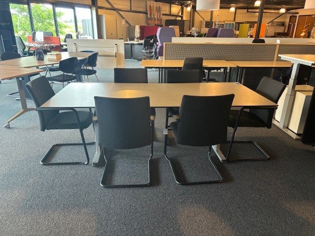 Vergadertafel 220x100cm volkern grijs blad en alu T-poten, Niet ingevuld, Overige houtsoorten, Gebruikt, 100 tot 150 cm
