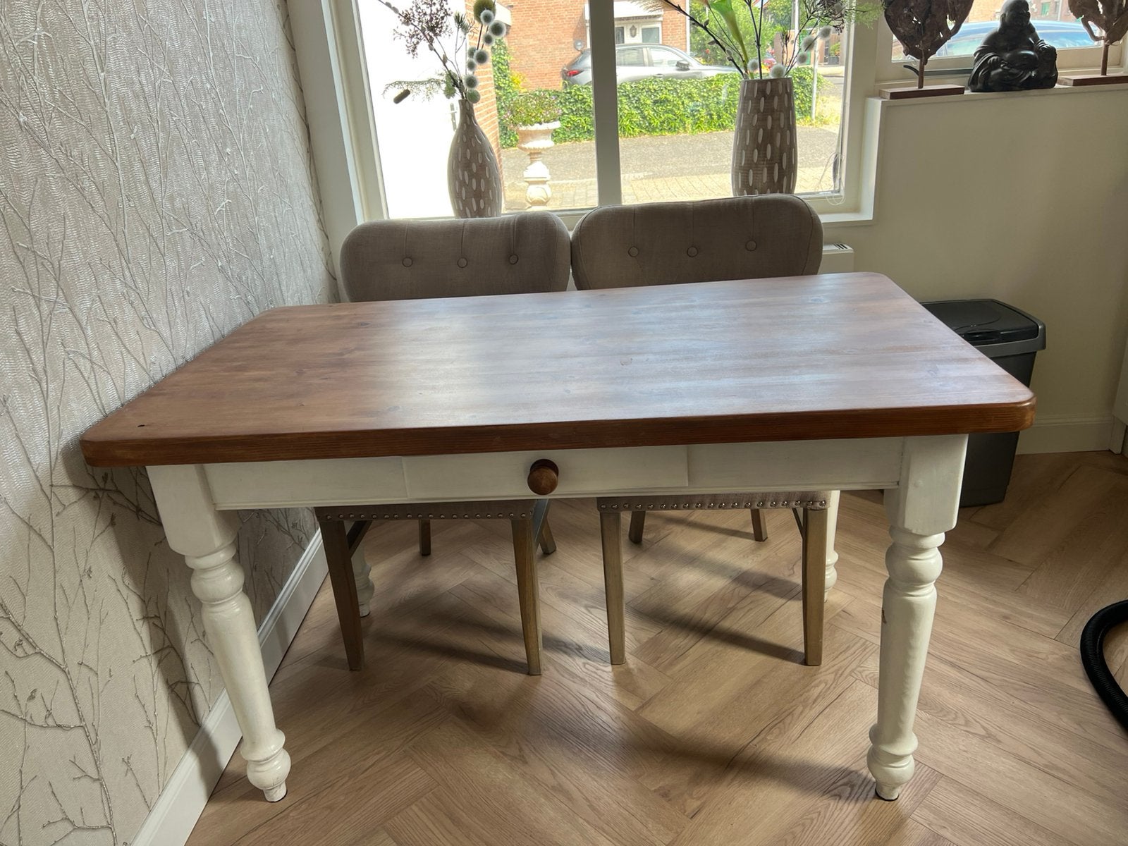 Landelijke Wit grenen eettafel 140x80, Ophalen, 200 cm of meer, 50 tot 100 cm, Zo goed als nieuw