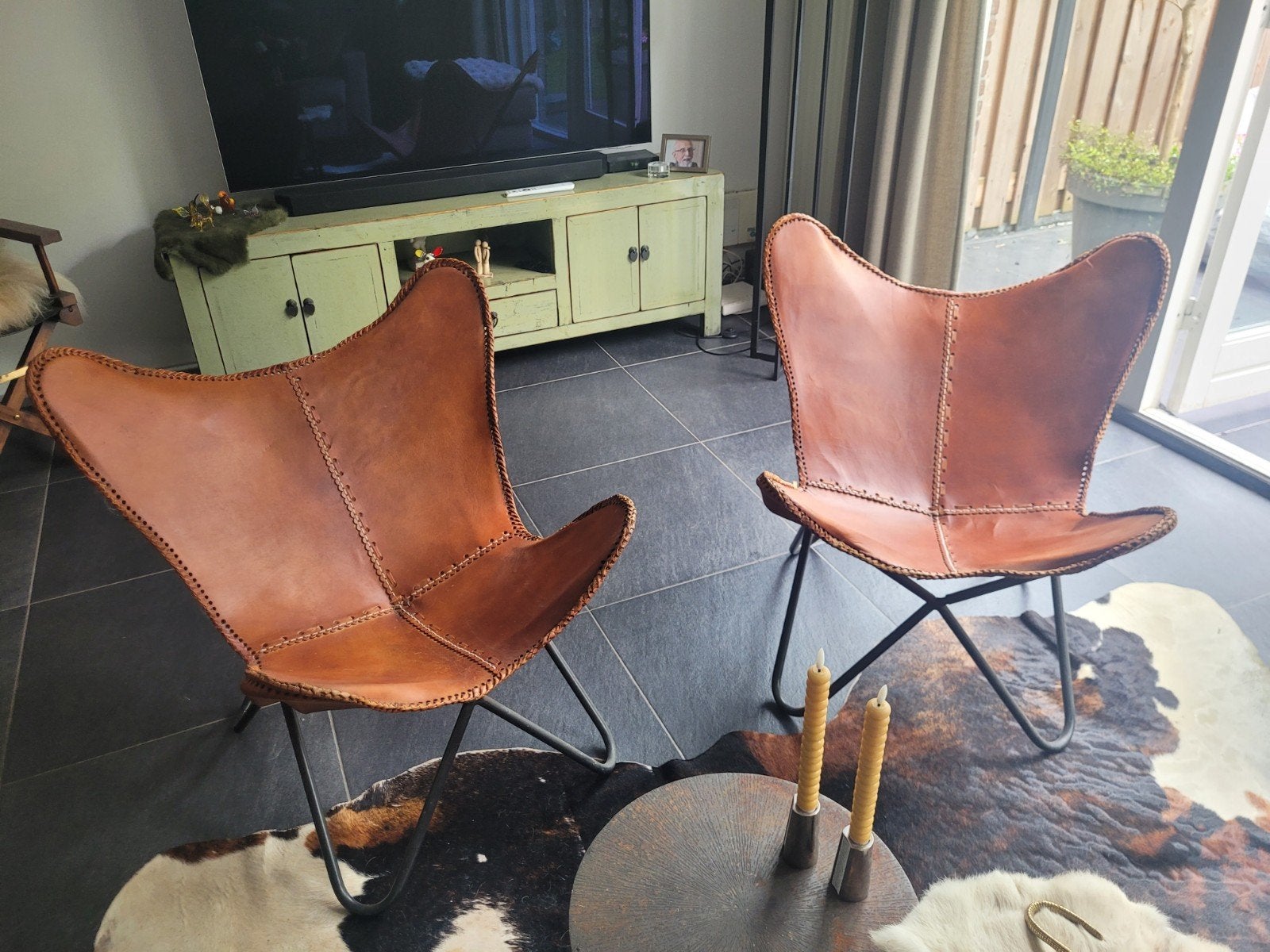 Vlinderstoelen set leer !, Huis en Inrichting, Ophalen, Twee, Bruin, Leer