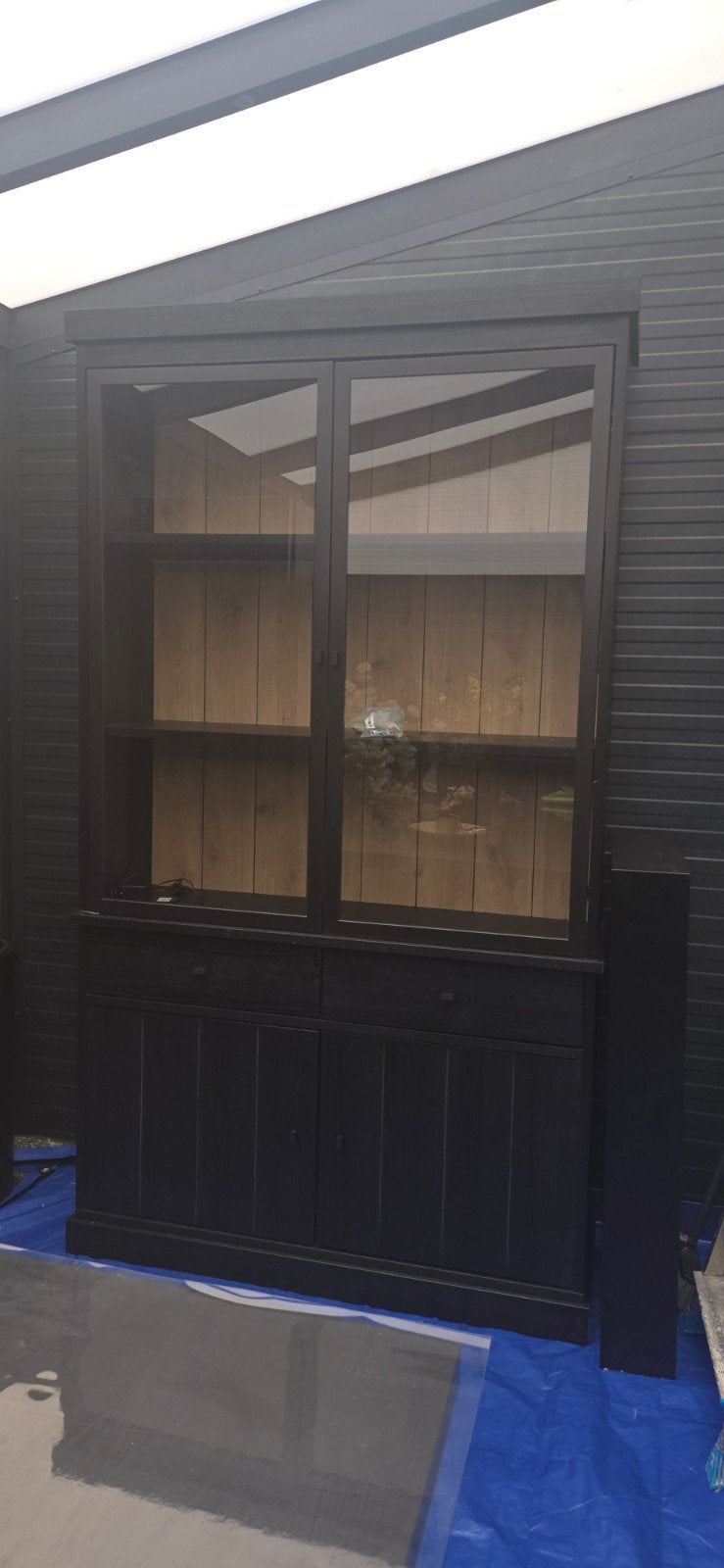 Zwarte vitrinekast/buffet kast met verlichting en lades, Ophalen, 100 tot 150 cm, 200 cm of meer, Modern klassiek