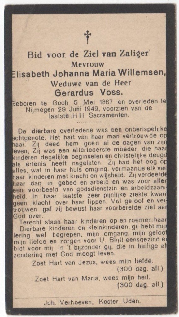 Elisabeth J.M. Willemsen 1867 Goch + 1949 Nijmegen, 82 jaar, Ophalen of Verzenden