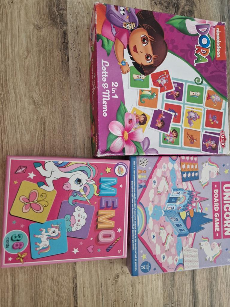 Dora Lotto & Memo + Eenhoorn Memo & Bordspel, Een of twee spelers, Ophalen of Verzenden, Gebruikt, Nickelodeon, Tactic