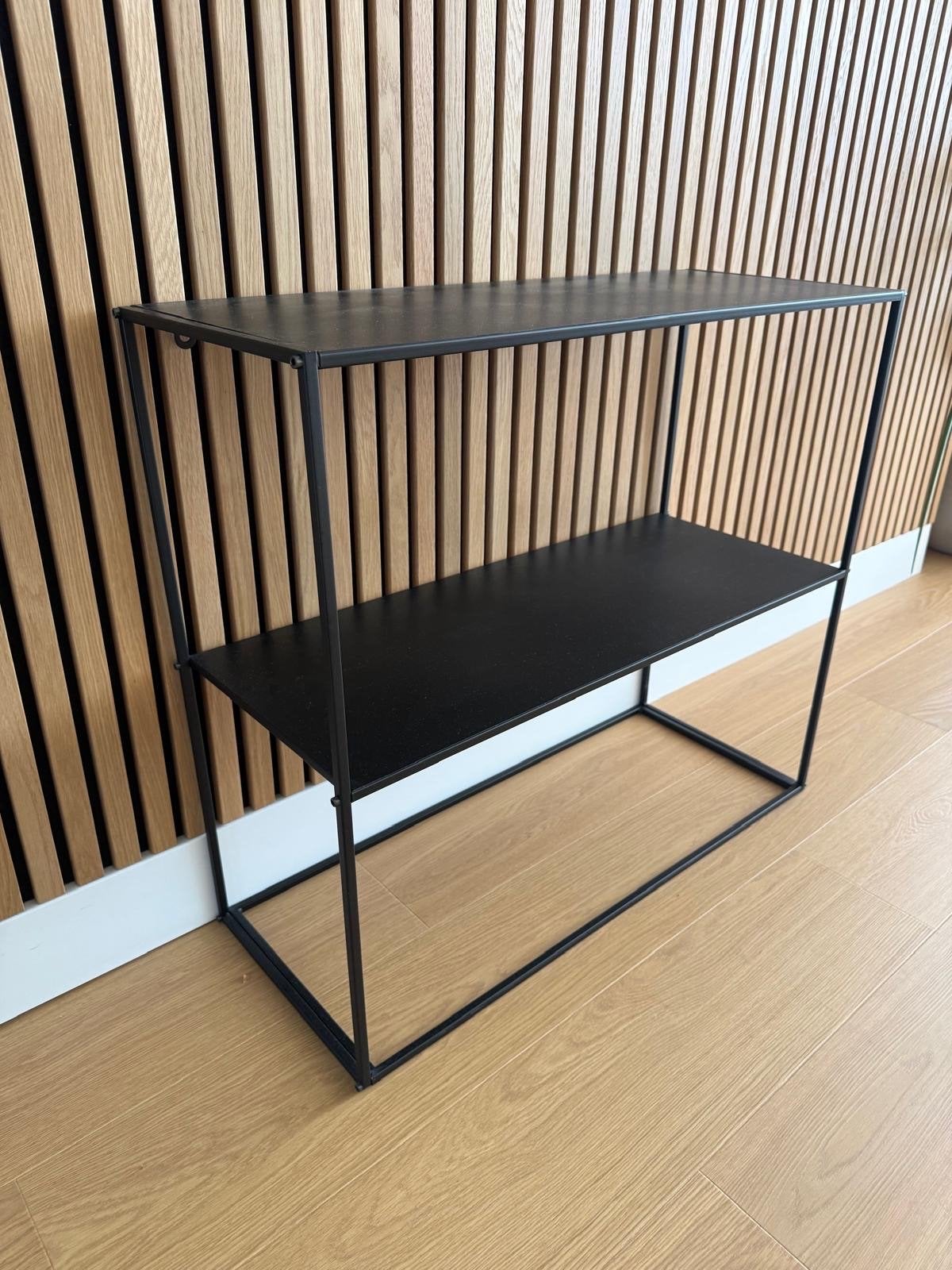 Zwart metalen wandrek/bijzettafel met 2 planken, Ophalen, Gebruikt, Metaal of Aluminium, 75 cm of meer