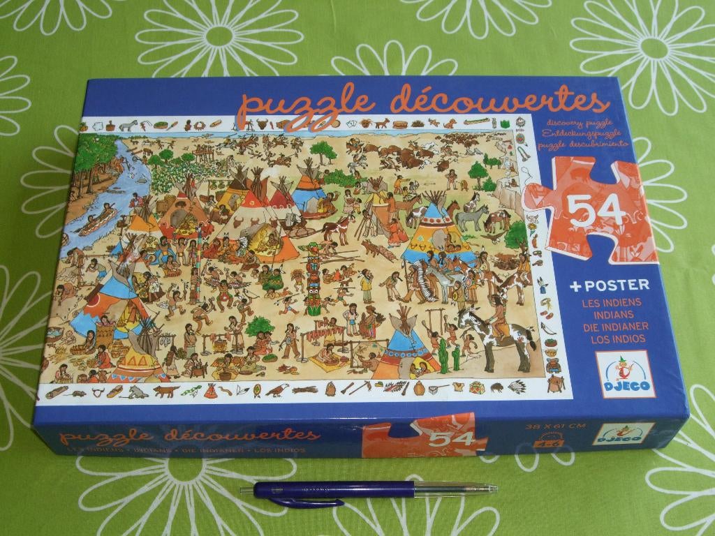 Djeco zoekpuzzel - De Indianen - 54 stukjes inclusief poster, Ophalen of Verzenden, Meer dan 50 stukjes, Gebruikt, 4 tot 6 jaar