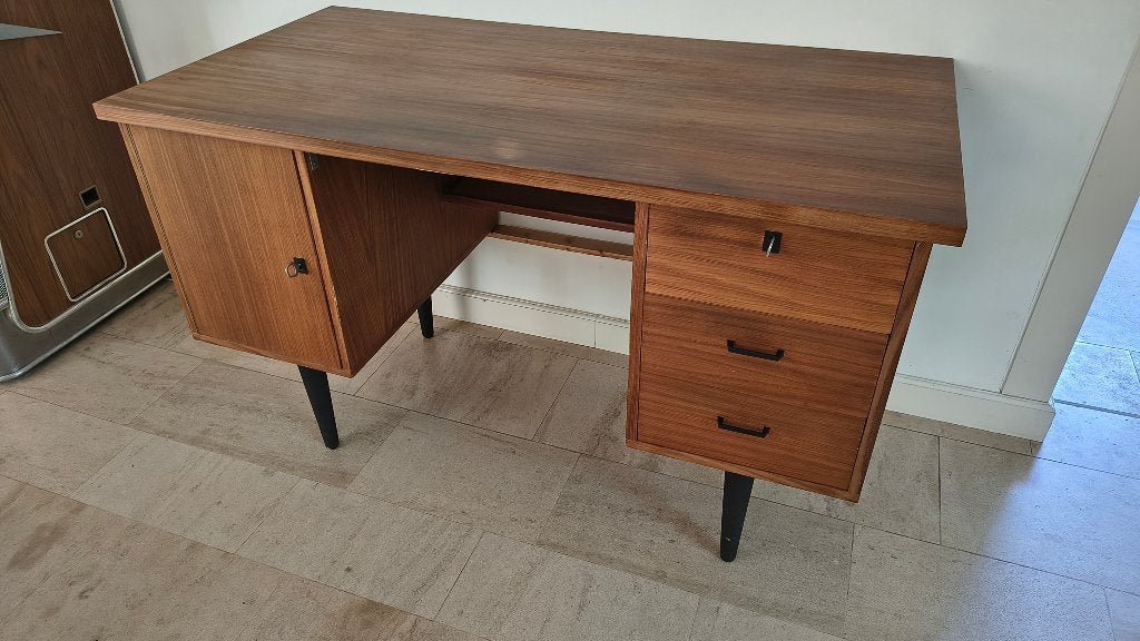 Vintage Teak Bureau met Lades en Kastje, Ophalen, Gebruikt, 63 cm, Hout
