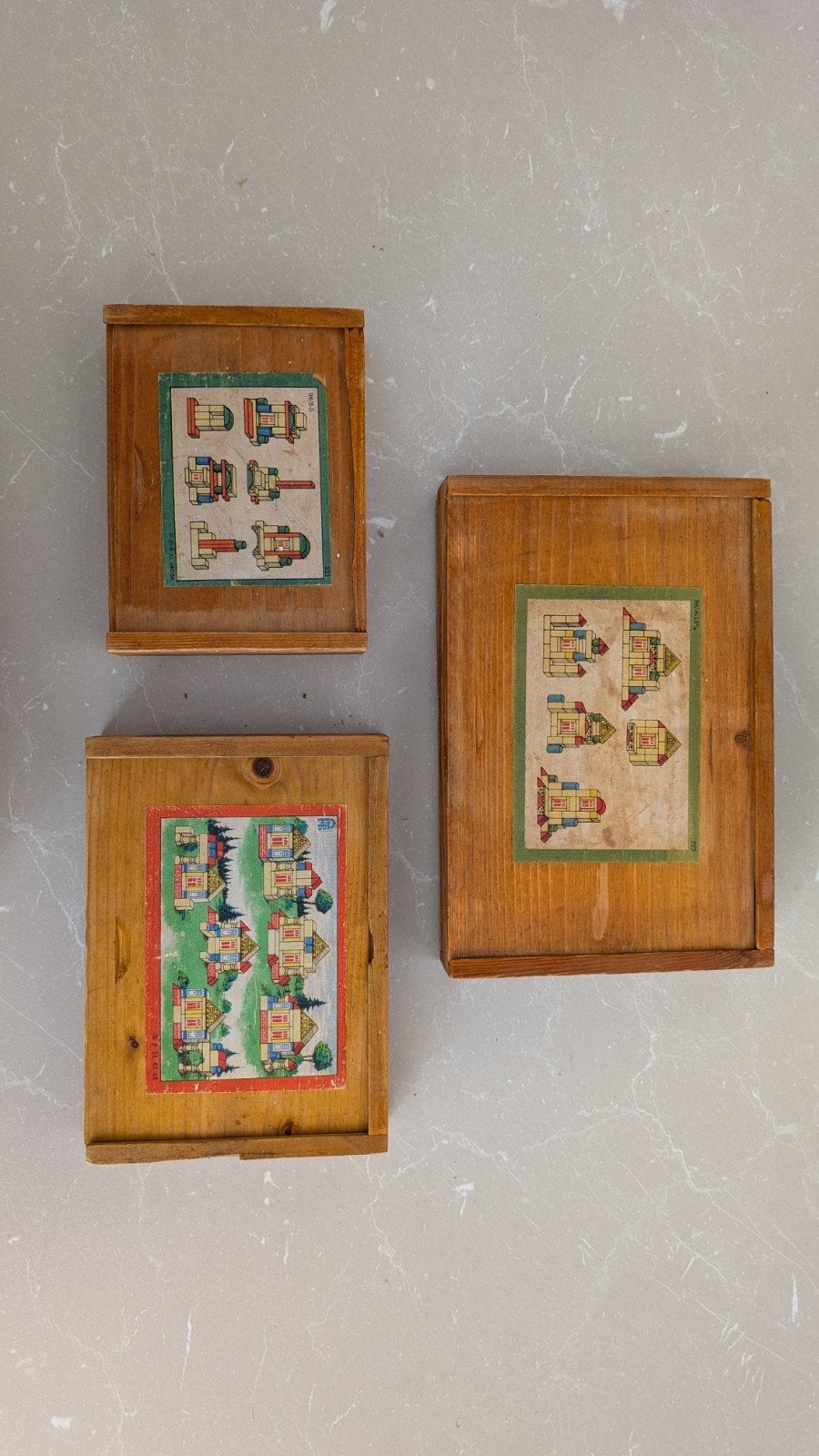 Vintage houten bouwblokken in kistjes, 3 sets, Ophalen of Verzenden