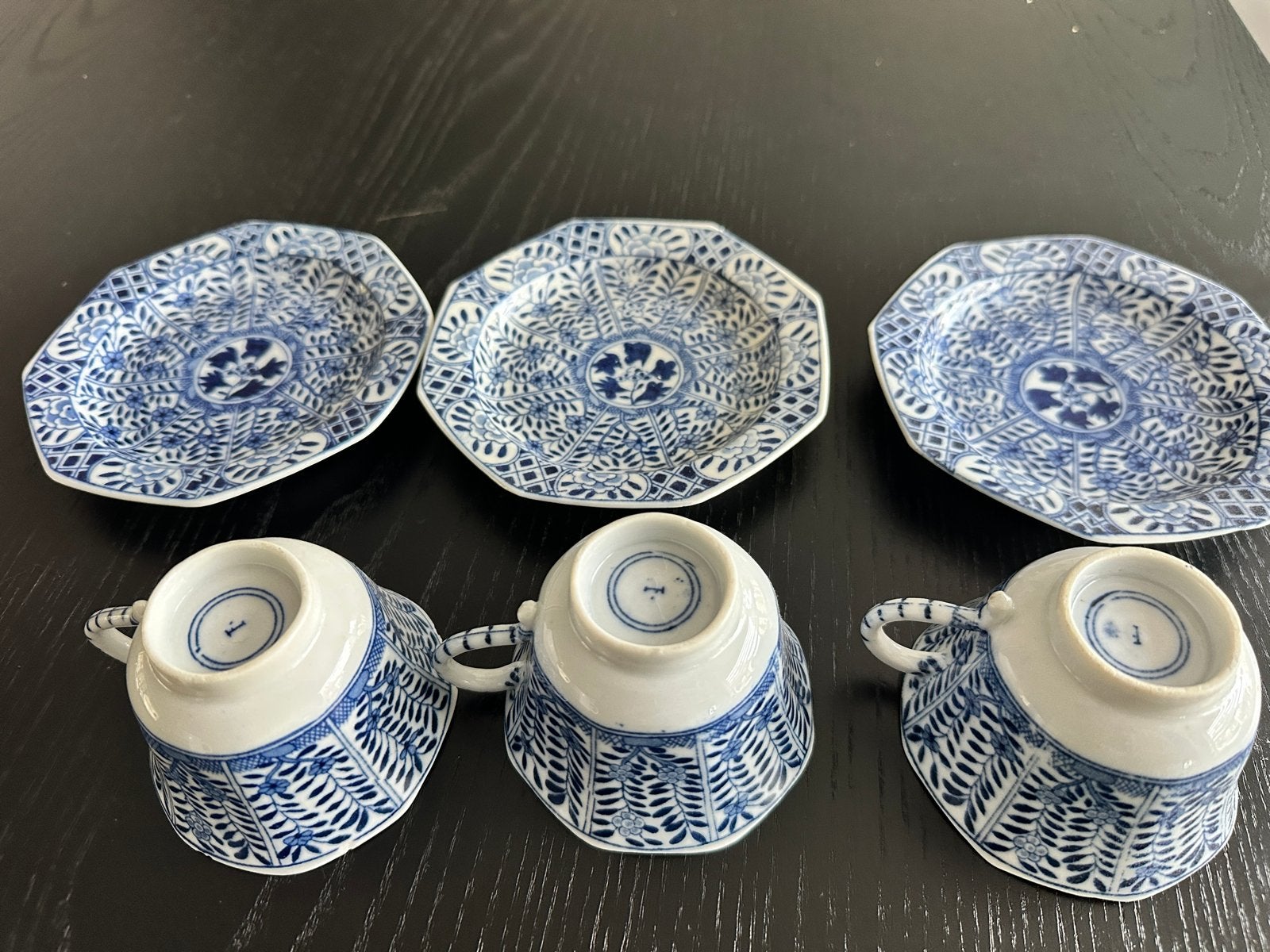 Set van 3 antieke Japans porseleinen kopjes en schotels, Ophalen of Verzenden