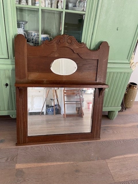 antieke spiegel van eikenhout. Met facetglas., Ophalen, Rechthoekig, 50 tot 100 cm, Minder dan 100 cm