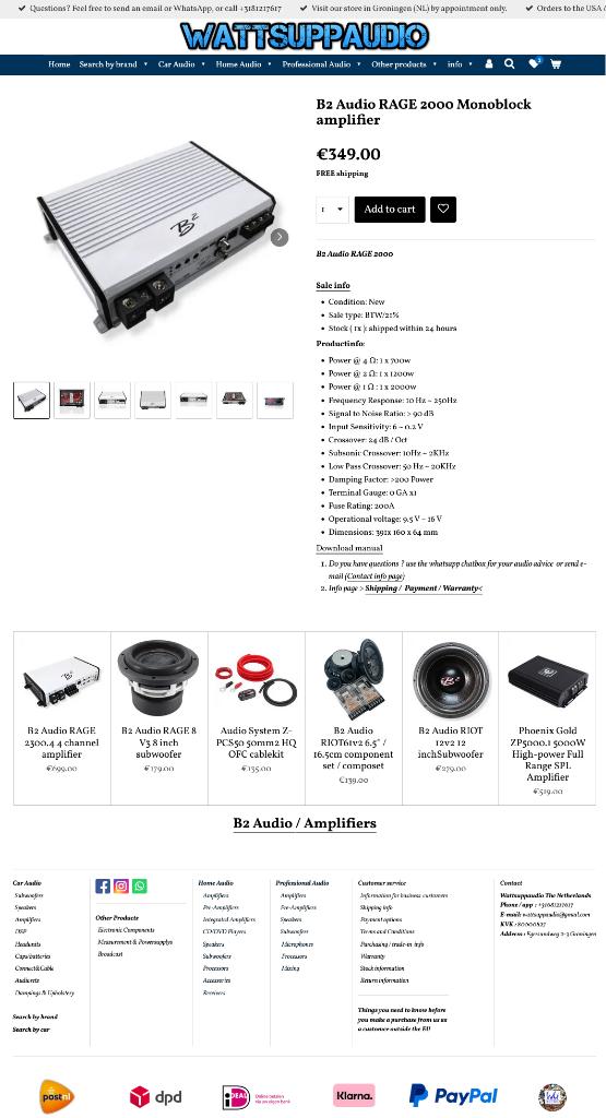 B2 Audio RAGE 2000 Monoblok versterker 2000W RMS, ., Nieuw, Ophalen of Verzenden, Plantevej 35, 2870 Dyssegaard, Denmark