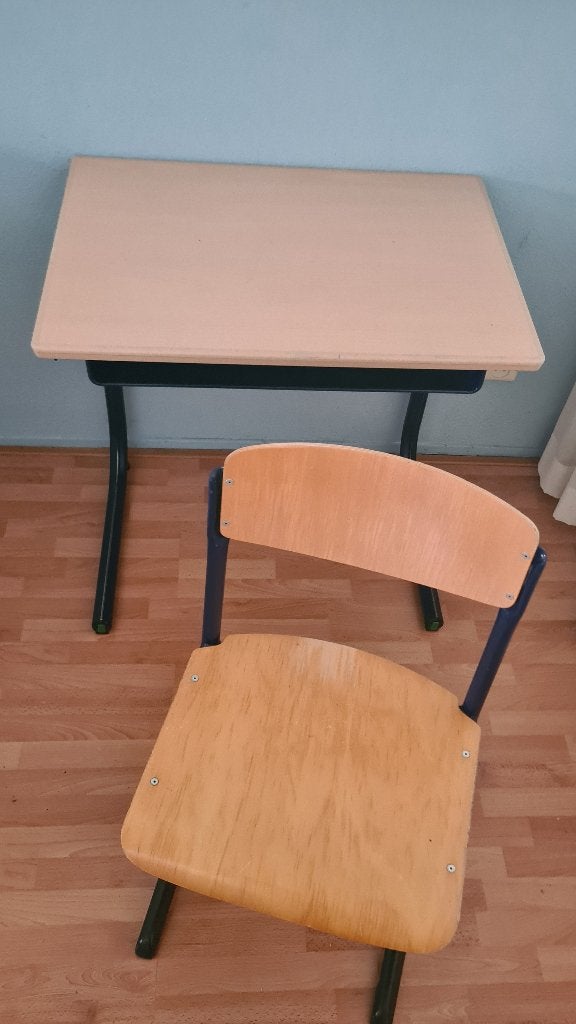 Vintage schoolset / bureau met stoel, Ophalen, Gebruikt, Schoolbureau, Vintage