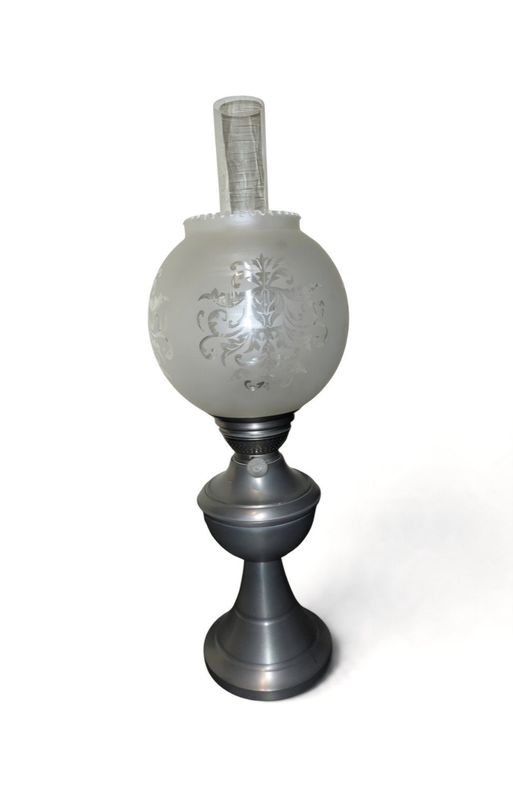 tinnen olielamp (hoogte tin 28cm / hoogte tot bovenk. glas), Antiek en Kunst, Ophalen
