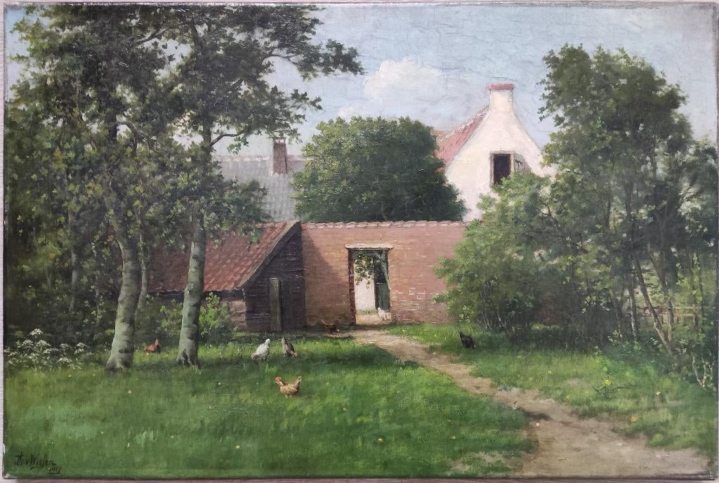 Thomas Van Wissen (1866-1954) - Zicht op tuin met kippen, Antiek en Kunst, Kunst | Schilderijen | Klassiek, Ophalen of Verzenden