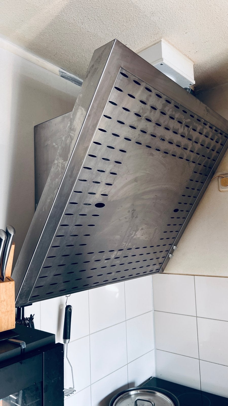 RVS Afzuigkap met afvoer en circulaire filters, Ophalen, Gebruikt, Wandschouwkap, Vrijstaand