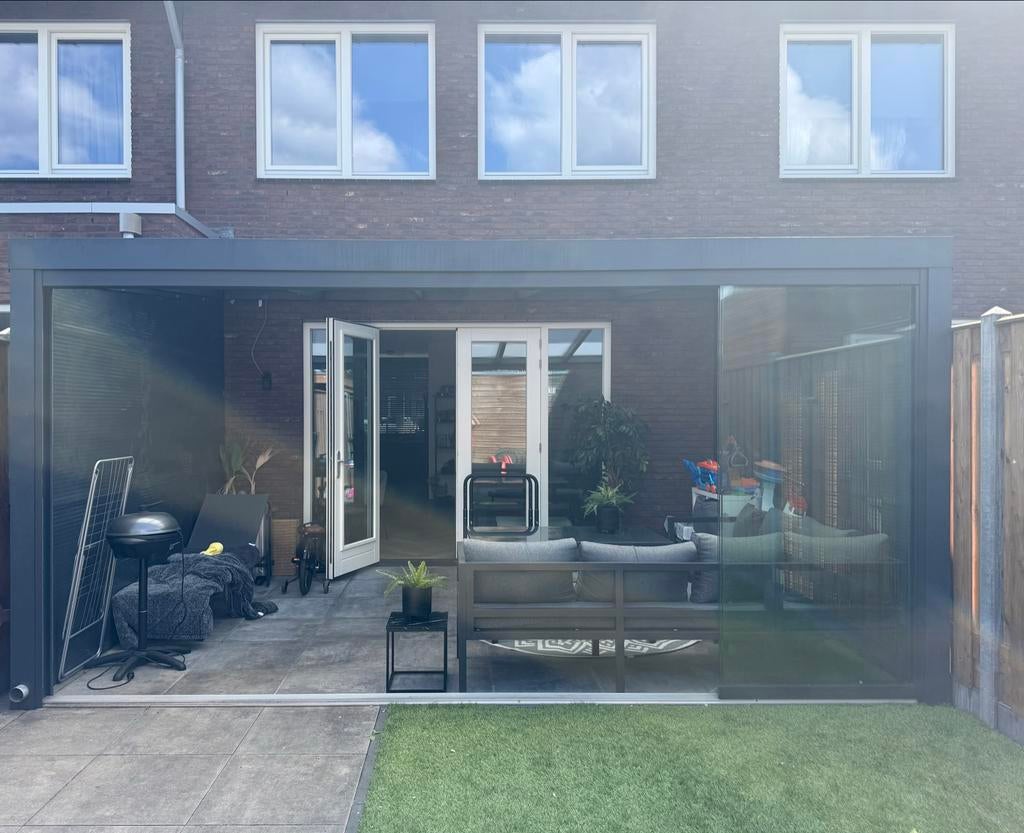 Moderne Serre/Veranda met glazen schuifwanden (5x3.5m), Tuin en Terras, Overkappingen, Ophalen, Zo goed als nieuw, Serre