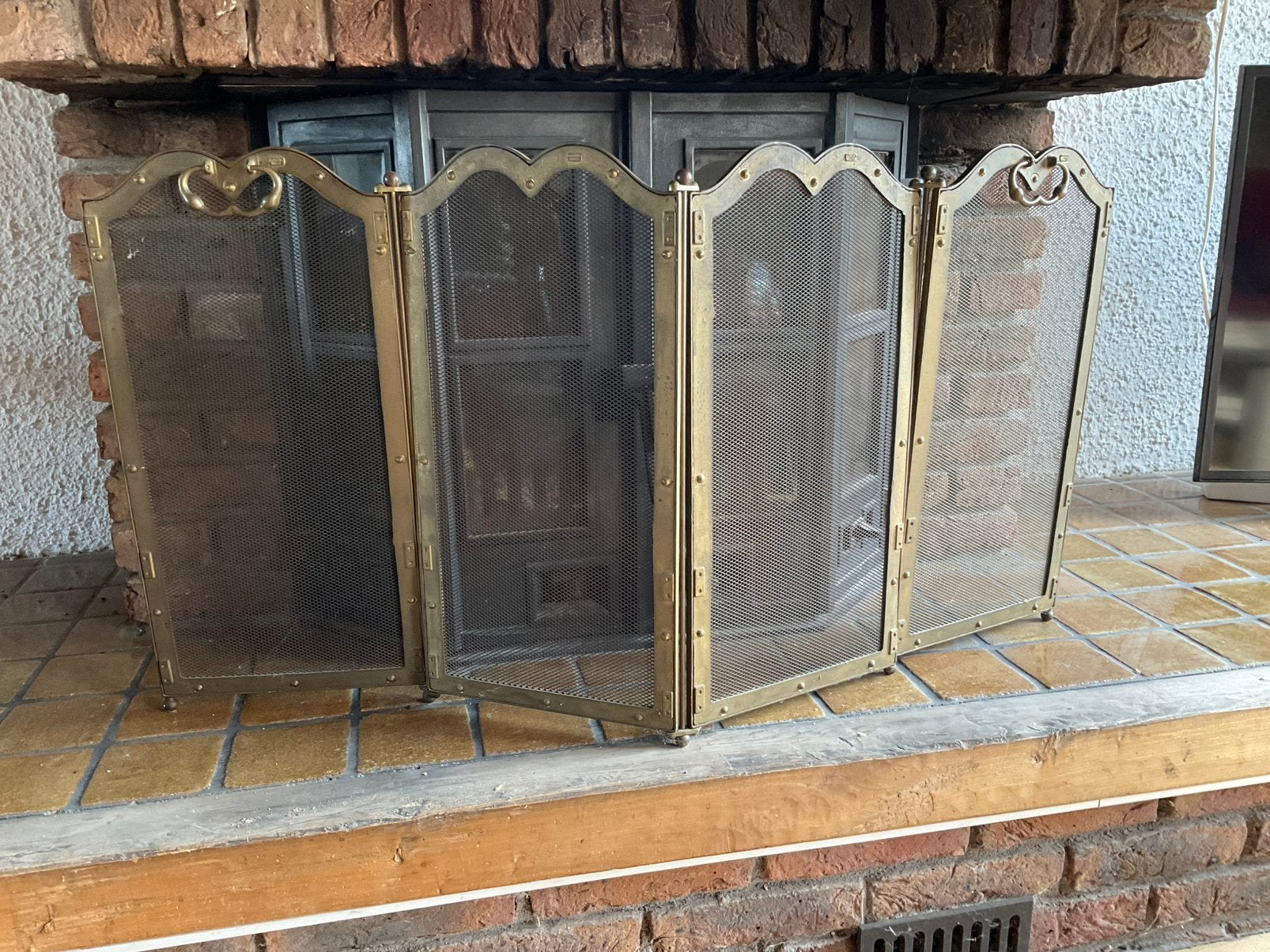 Klassiek messing haardscherm / vonkenscherm 5-delig, Huis en Inrichting, Ophalen of Verzenden, Gebruikt, Vrijstaande haard, Houthaard