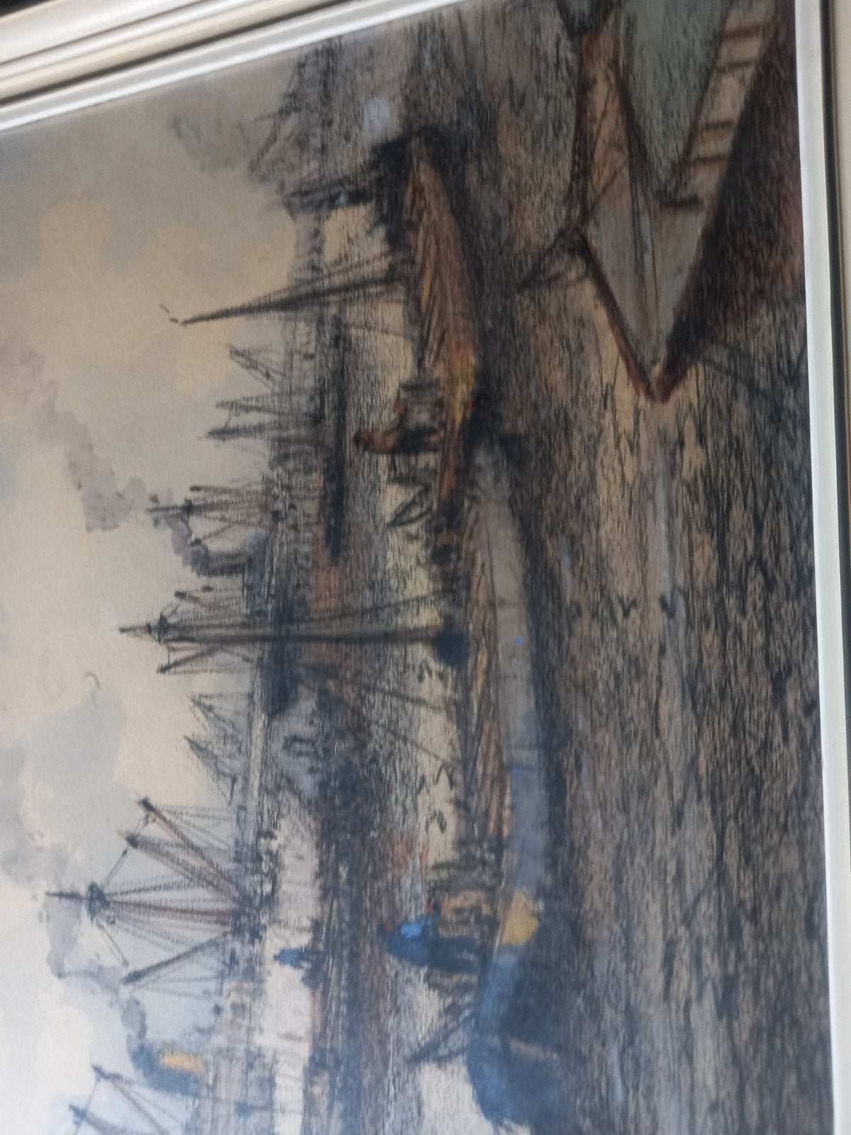 Maritiem havengezicht van Wim Bos, ingelijst, Antiek en Kunst, Ophalen, Maritiem / water, Realistisch, Tekening