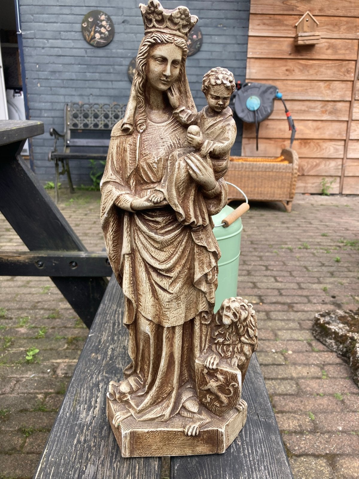 Vintage Maria met Kind Beeld - Religieuze Sculptuur, Gips, Ophalen of Verzenden, Beeld, Bruin