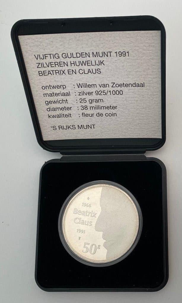 Zilveren 50 Gulden 1991 – Huwelijk Beatrix & Claus – FDC, Postzegels en Munten, Koningin Beatrix, Ophalen of Verzenden, Zilver
