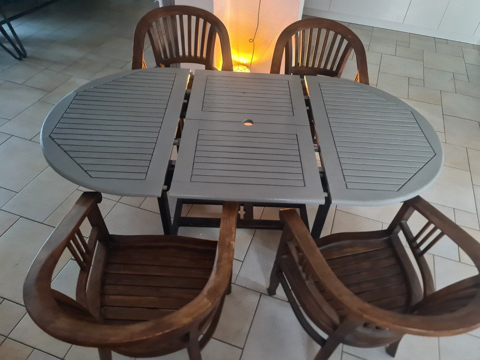 uitschuifbare tuintafel met stoelen set, Ophalen, Gebruikt, Ovaal, Hout
