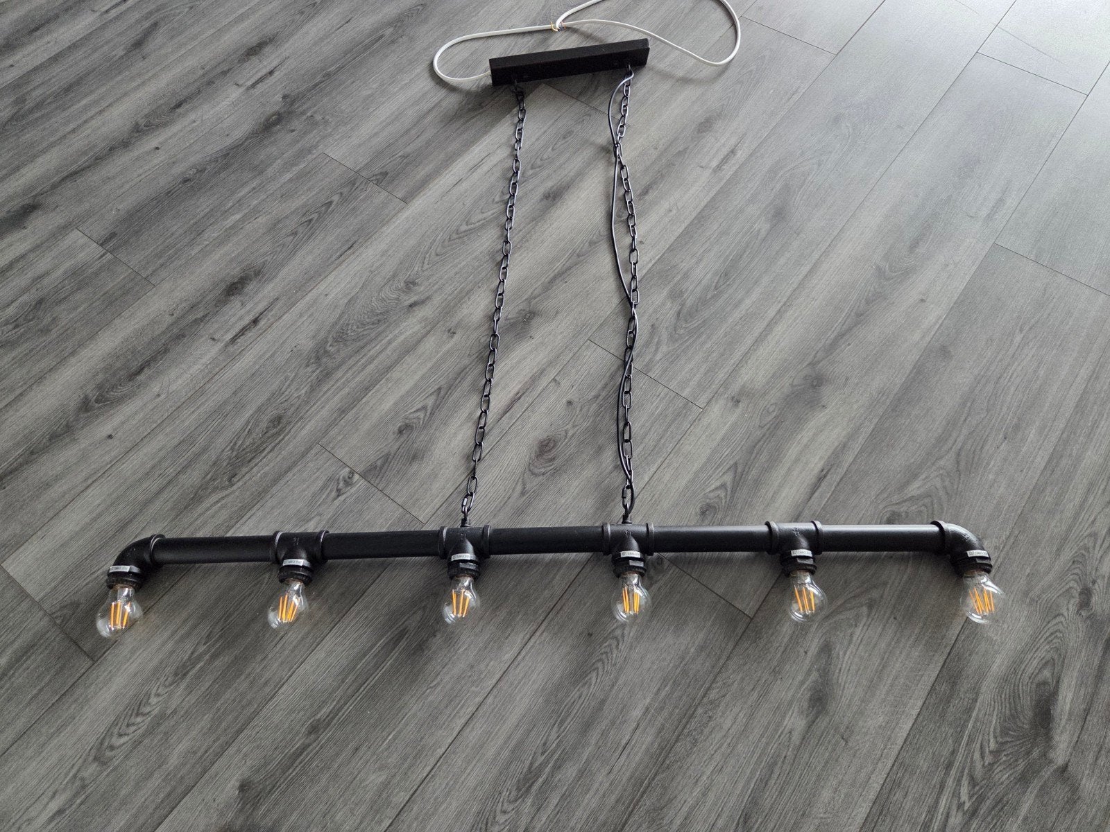 Industriële hanglamp met 6 Edison gloeilampen, Ophalen, Gebruikt, E27 (groot), Metaal