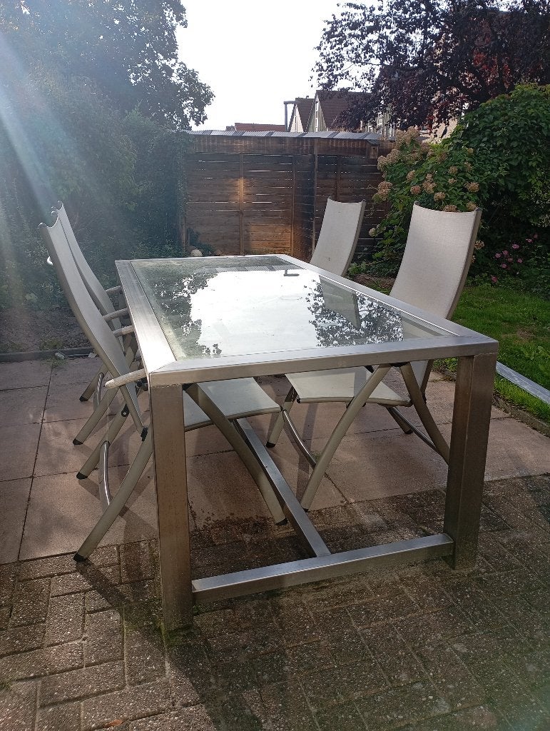 Rvs tuintafel 210-100, Tuin en Terras, Ophalen, Gebruikt, Rechthoekig, Rvs