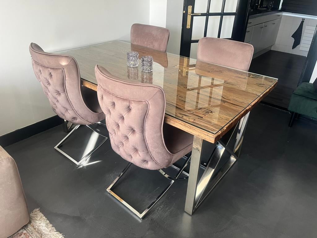 Mooie hardhouten tafel met glasplaat en bijpassende stoelen, Ophalen of Verzenden, Zo goed als nieuw, Rechthoekig, 50 tot 100 cm