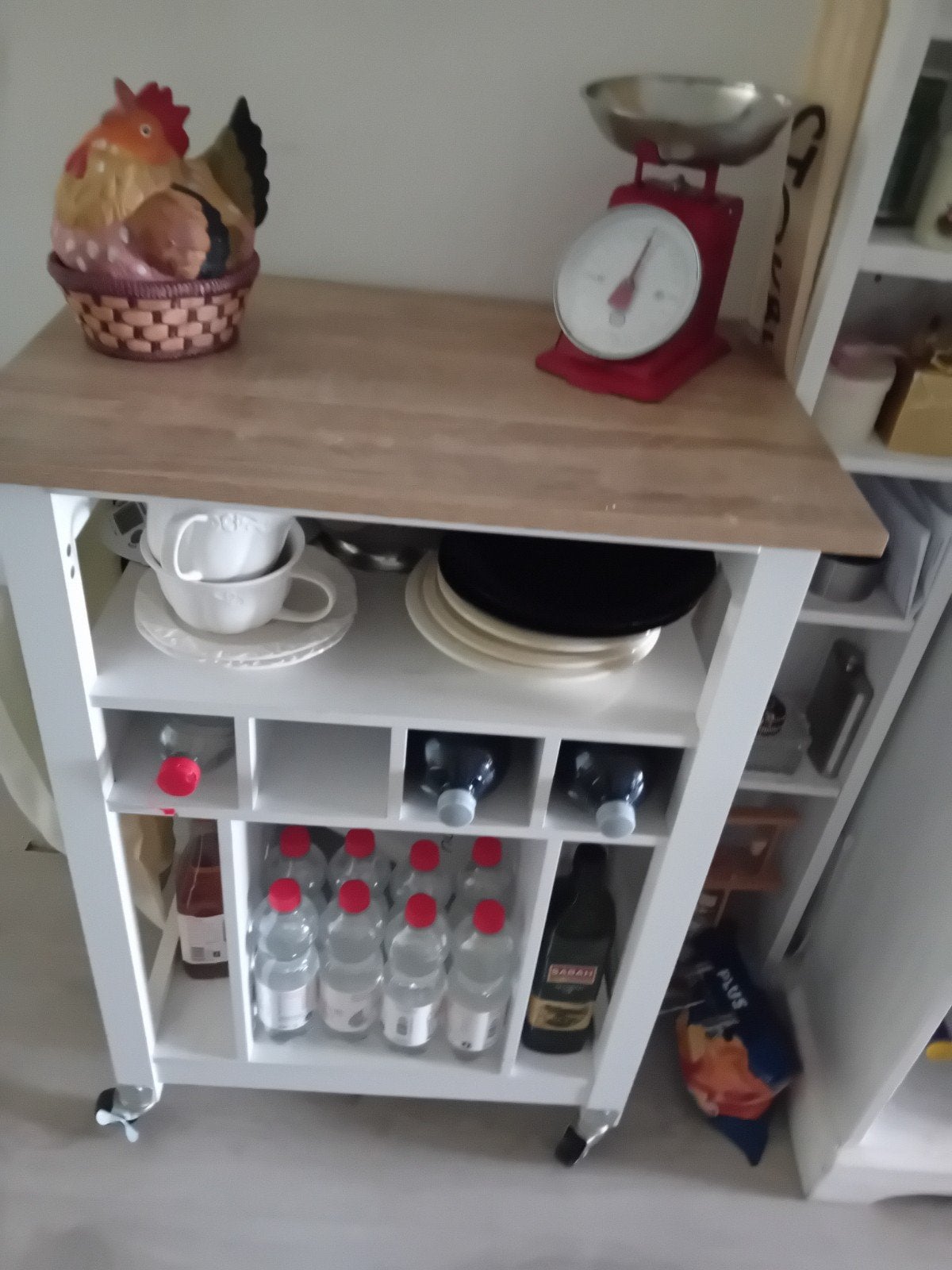 Witte Keukentrolley met Houten Blad en Flessenrek, Gebruikt, Hout, Keukentrolley, Ophalen of Verzenden