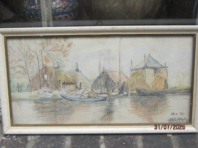 Mooie Pasteltekening Langs een vaart, Boerderij/hooiberg,, Ophalen, Tekening, Pasteltekening