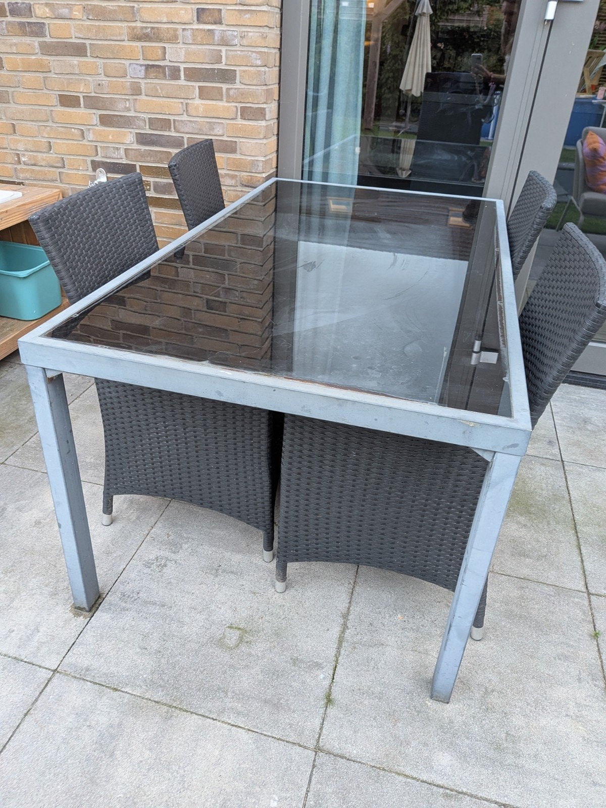 Tuinset met glazen tafel en 4 stoelen, Ophalen, Gebruikt, Rechthoekig, Metaal