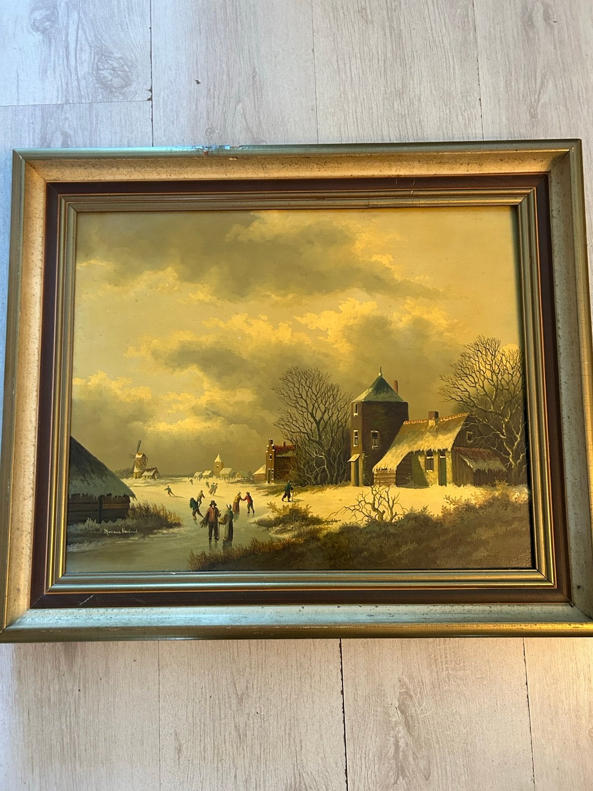 Winterlandschap met schaatsers - Gesigneerd, Maritiem / water, Doek, Ophalen of Verzenden, Gesigneerd